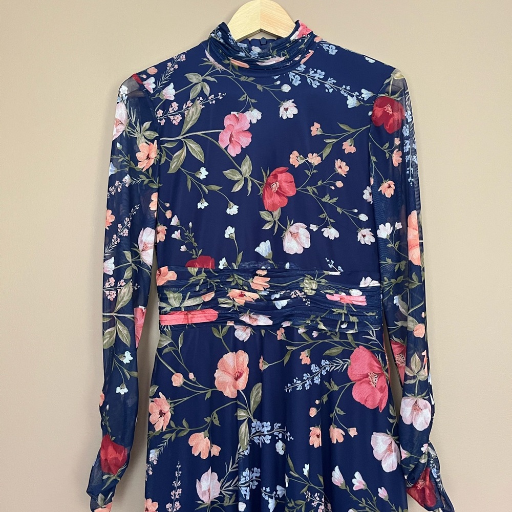 {Eliza J} Floral Mock Neck Long Sleeve Mesh Midi Dress - Womens 6 - Picture 3 of 10